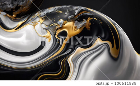 abstract background, white, black and gold acrylic liquid artistic paints.  100611939