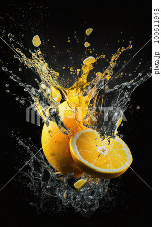 fresh lemons falling into the water with splashes on a black background. 100611943