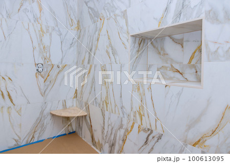 Interior unfinished design at renovation bathroom with shower for new home Interior unfinished design at renovation bathroom with shower for new home 100613095