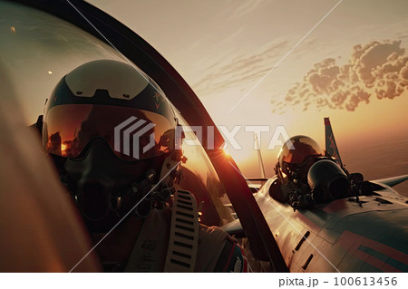 Military pilots in jet fighter cockpit at sunset. Military aviation. Created with Generative AI 100613456