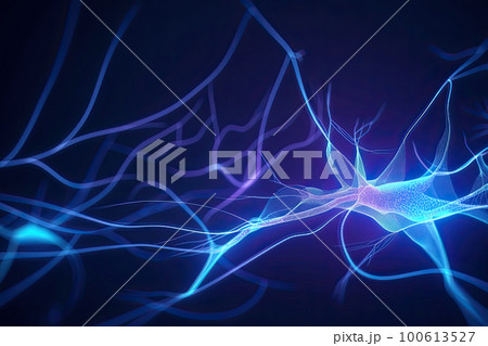 Neuron cells on abstract background, neural connections in the human brain, glowing synapses in nervous system. Created with Generative AI Neuron cells on abstract background, neural connections in the human brain, glowing synapses in nervous system. Created with Generative AI 100613527