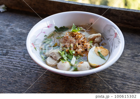 Popular Jabo noodles in Ban Jabo, Thailand made up fo noodles with hard boild eggs and meat ball served with sweet sour soup Popular Jabo noodles in Ban Jabo, Thailand made up fo noodles with hard boild eggs and meat ball served with sweet sour soup 100615302
