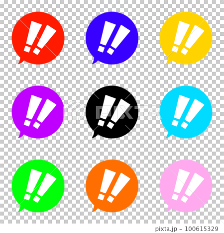 White double exclamation mark and colored speech bubble 100615329