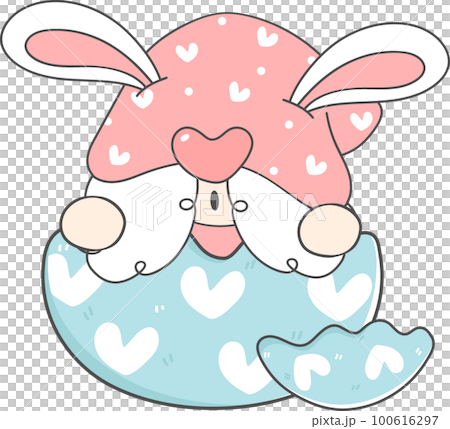 cute adorable happy smile gnome on Easter egg, spring easter with rabbit ears, cartoon hand drawing doodle cute adorable happy smile gnome on Easter egg, spring easter with rabbit ears, cartoon hand drawing doodle 100616297
