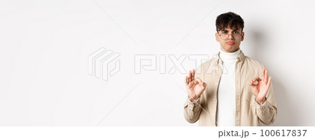 Not bad. Satisfied young man showing okay gestures and nod in approval, praise good work, pleased with results, standing on white background Not bad. Satisfied young man showing okay gestures and nod in approval, praise good work, pleased with results, standing on white background 100617837