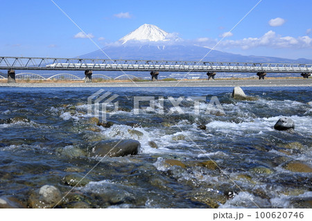 富士山を横に見て富士川橋を走行する東海道新幹線 100620746