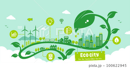 エコ・エコロジー・自然・環境保護に配慮した都市生活イメージ バナーイラスト 100622945