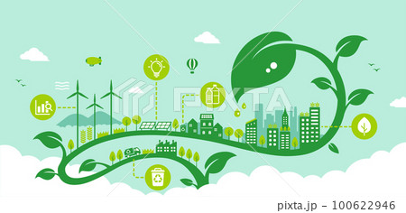 エコ・エコロジー・自然・環境保護に配慮した都市生活イメージ バナーイラスト 100622946