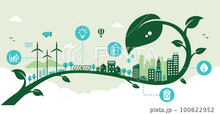 エコ・エコロジー・自然・環境保護に配慮した都市生活イメージ バナーイラスト 100622952