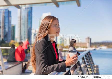 Anxiety and stress coping from returning to work or office after coronavirus pandemic. Asian business woman pensive looking sad in city outdoors. Mental health. Anxiety and stress coping from returning to work or office after coronavirus pandemic. Asian business woman pensive looking sad in city outdoors. Mental health. 100623069