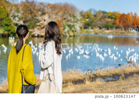 公園の水辺で友達と過ごす若い女性 100623147