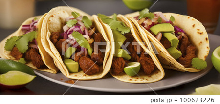 Three mexican tacos with pork or beef meet, avocado, red onion, cilantro and lime on grey plate Three mexican tacos with pork or beef meet, avocado, red onion, cilantro and lime on grey plate 100623226