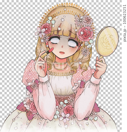 化粧が上手くいかない…口紅と鏡を持った姫のイラスト 100623251
