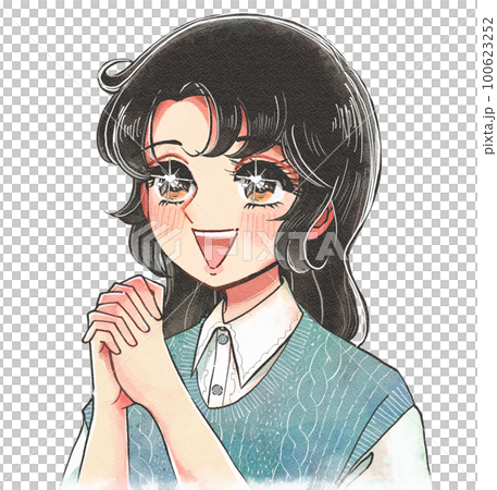 手を組んで喜ぶ、少女漫画風ヒロインの手描きイラストのイラスト素材
