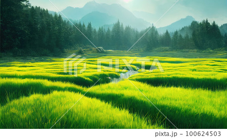 Green field, tree and blue sky.Great as a background,web banner. Generative AI. 100624503