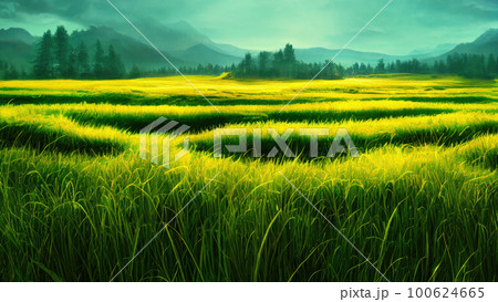 Green field, tree and blue sky.Great as a background,web banner. Generative AI. 100624665