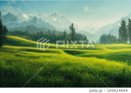 Green field, tree and blue sky.Great as a background,web banner. Generative AI. Green field, tree and blue sky.Great as a background,web banner. Generative AI. 100624694