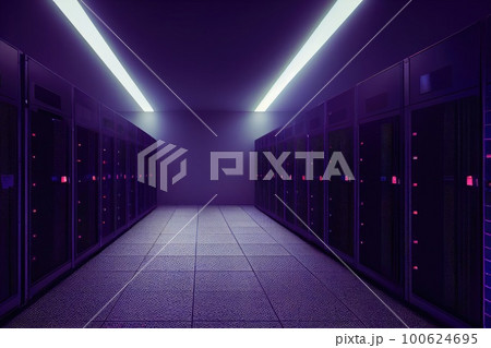 Dark Server racks in computer network security server room data center. Generative AI. Dark Server racks in computer network security server room data center. Generative AI. 100624695