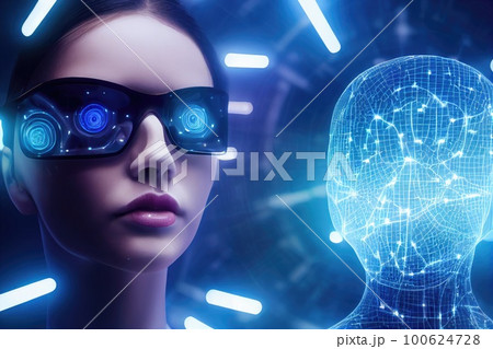 Artificial intelligence in humanoid head with neural network thinks. AI with Digital Brain is learning processing big data, analysis information. Face of cyber mind. Ai generative. 100624728