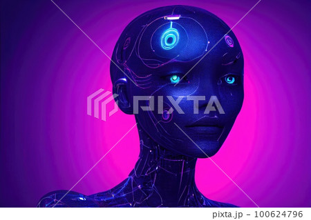 Artificial intelligence in humanoid head with neural network thinks. AI with Digital Brain is learning processing big data, analysis information. Face of cyber mind. Ai generative. 100624796