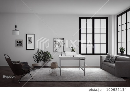interior modern living room workspace with desk and home office. AI Generative. interior modern living room workspace with desk and home office. AI Generative. 100625154