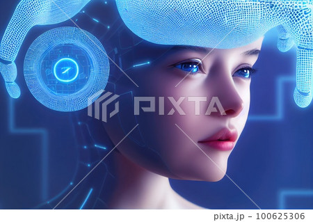 Artificial intelligence in humanoid head with neural network thinks. AI with Digital Brain is learning processing big data, analysis information. Face of cyber mind. Ai generative. Artificial intelligence in humanoid head with neural network thinks. AI with Digital Brain is learning processing big data, analysis information. Face of cyber mind. Ai generative. 100625306