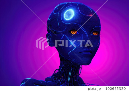 Artificial intelligence in humanoid head with neural network thinks. AI with Digital Brain is learning processing big data, analysis information. Face of cyber mind. Ai generative. 100625320