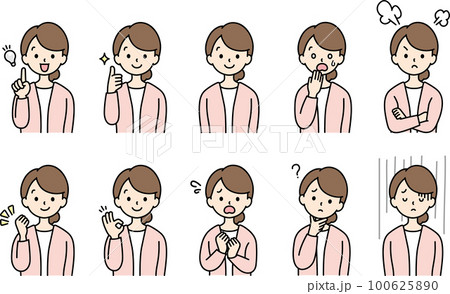 表情セット 女性　上半身30代・かわいいシンプルタッチ 100625890