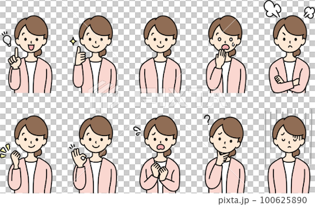 表情セット 女性　上半身30代・かわいいシンプルタッチ 100625890