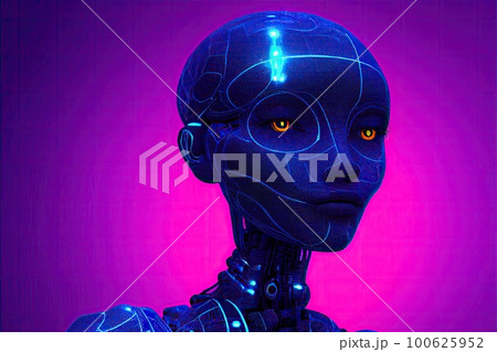 Artificial intelligence in humanoid head with neural network thinks. AI with Digital Brain is learning processing big data, analysis information. Face of cyber mind. Ai generative. 100625952