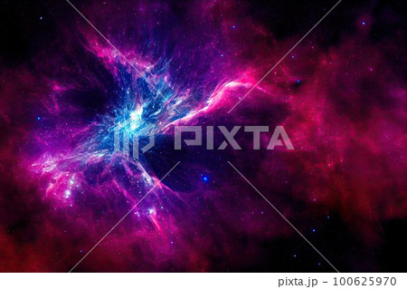 Space background. Realistic starry night. Cosmos and shining stars. Milky way and stardust. Color galaxy with nebula. Magic Infinite universe. Ai generative illustration. 100625970