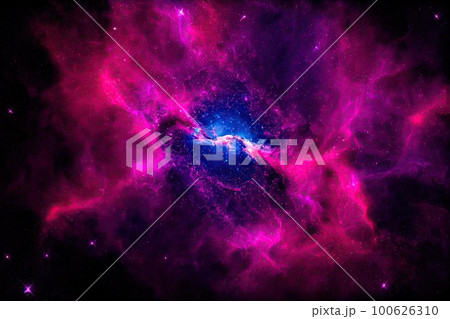 Space background. Realistic starry night. Cosmos and shining stars. Milky way and stardust. Color galaxy with nebula. Magic Infinite universe. Ai generative illustration. 100626310