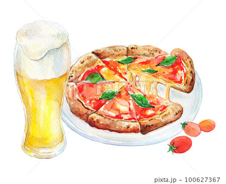 ビールとピザセット　水彩イラスト 100627367