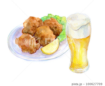 生ビールと鶏の唐揚げ 水彩イラスト 生ビールと鶏の唐揚げ 水彩イラスト 100627709