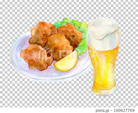 生ビールと鶏の唐揚げ 水彩イラスト 生ビールと鶏の唐揚げ 水彩イラスト 100627709