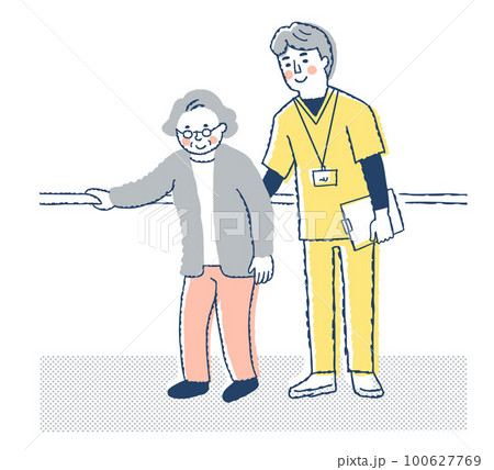 歩行訓練をするシニア女性と介助する男性 100627769