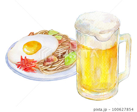 焼きそばと生ビール　水彩イラスト 100627854