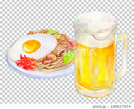 焼きそばと生ビール　水彩イラスト 100627854