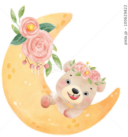 cute adorable innocence baby brown bear on floral crescent moon nursery  watercolour illustration 100629822