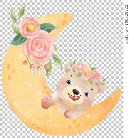 cute adorable innocence baby brown bear on floral crescent moon nursery  watercolour illustration 100629822