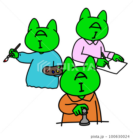 それぞれお絵かき、チェス、ライティングをしている猫型人工知能（サイバー） 100630024