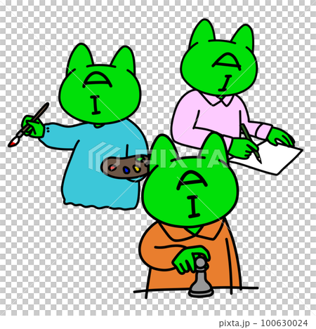 それぞれお絵かき、チェス、ライティングをしている猫型人工知能（サイバー） 100630024