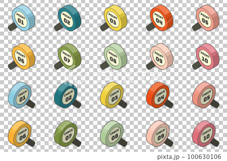 彩色和等距放大鏡圖標集。指向並檢查設計零件材料。 100630106