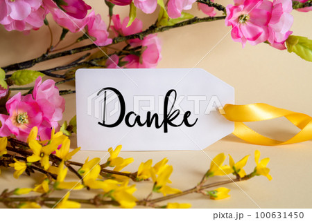 Spring Flower Decoration, Label With Danke...の写真素材 [100631450