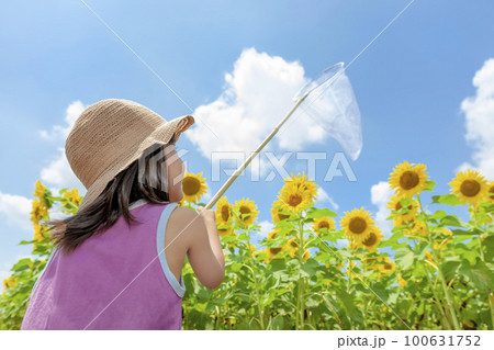 ひまわり畑で遊ぶ女の子 100631752