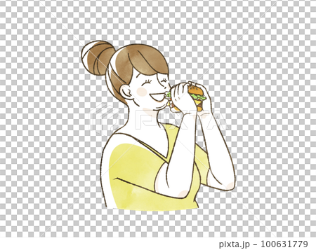 Obese woman eating a hamburger with a smile 100631779