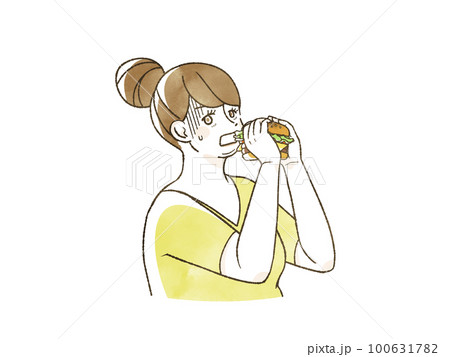 ハンバーガーを食べようとして戸惑っている肥満女性 100631782