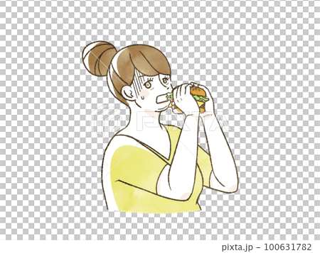 ハンバーガーを食べようとして戸惑っている肥満女性 100631782