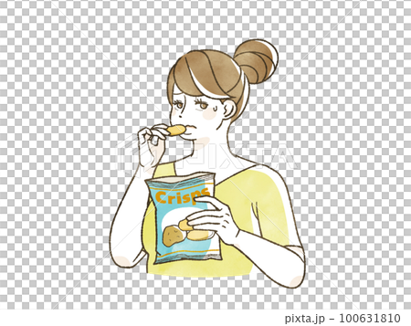 困った表情でポテトチップスを食べている肥満女性 100631810