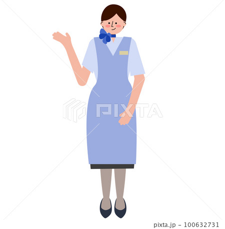 女性の客室乗務員が手を挙げて案内をしているイラスト(機内サービスのエプロン姿・ブルーの制服) 女性の客室乗務員が手を挙げて案内をしているイラスト(機内サービスのエプロン姿・ブルーの制服) 100632731